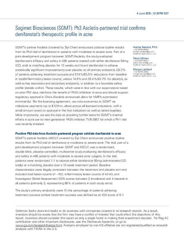 萨吉梅特生物科学公司(SGMT):与Ascletis合作的3期试验证实denifanstat在痤疮治疗中的疗效